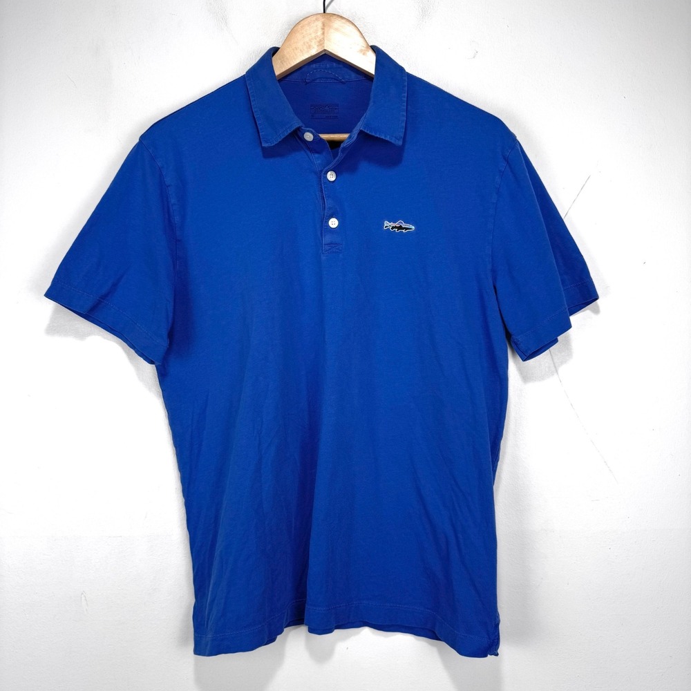 Patagonia Trout Fitz Roy Polo Shirt Men Medium Blue Fish‎ Logo Organic Cotton